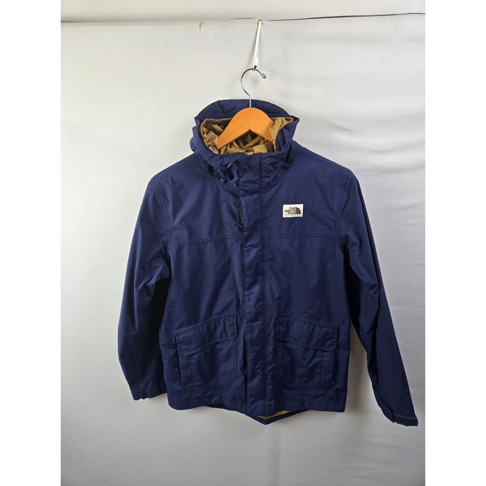 The North Face Boys Hooded Jacket Navy Blue Tan Lining Large 14/16 Outdoor Coat